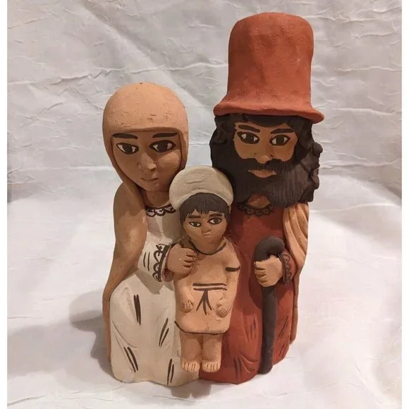 Vtg Pottery Peruvian Clay Folk Art Mary Joseph Baby Jesus Nativity Statue 9" - Picture 1 of 16